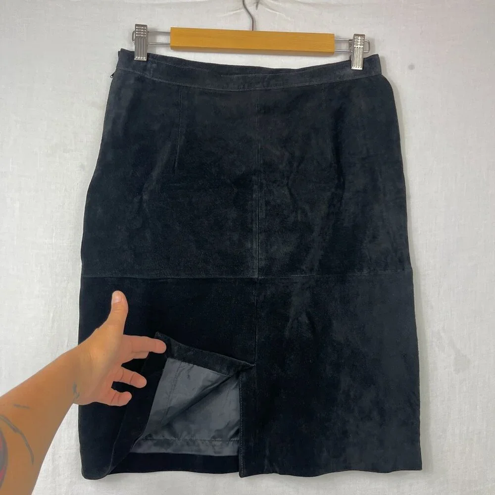 Black Suede Leather Pencil Skirt Womens 30